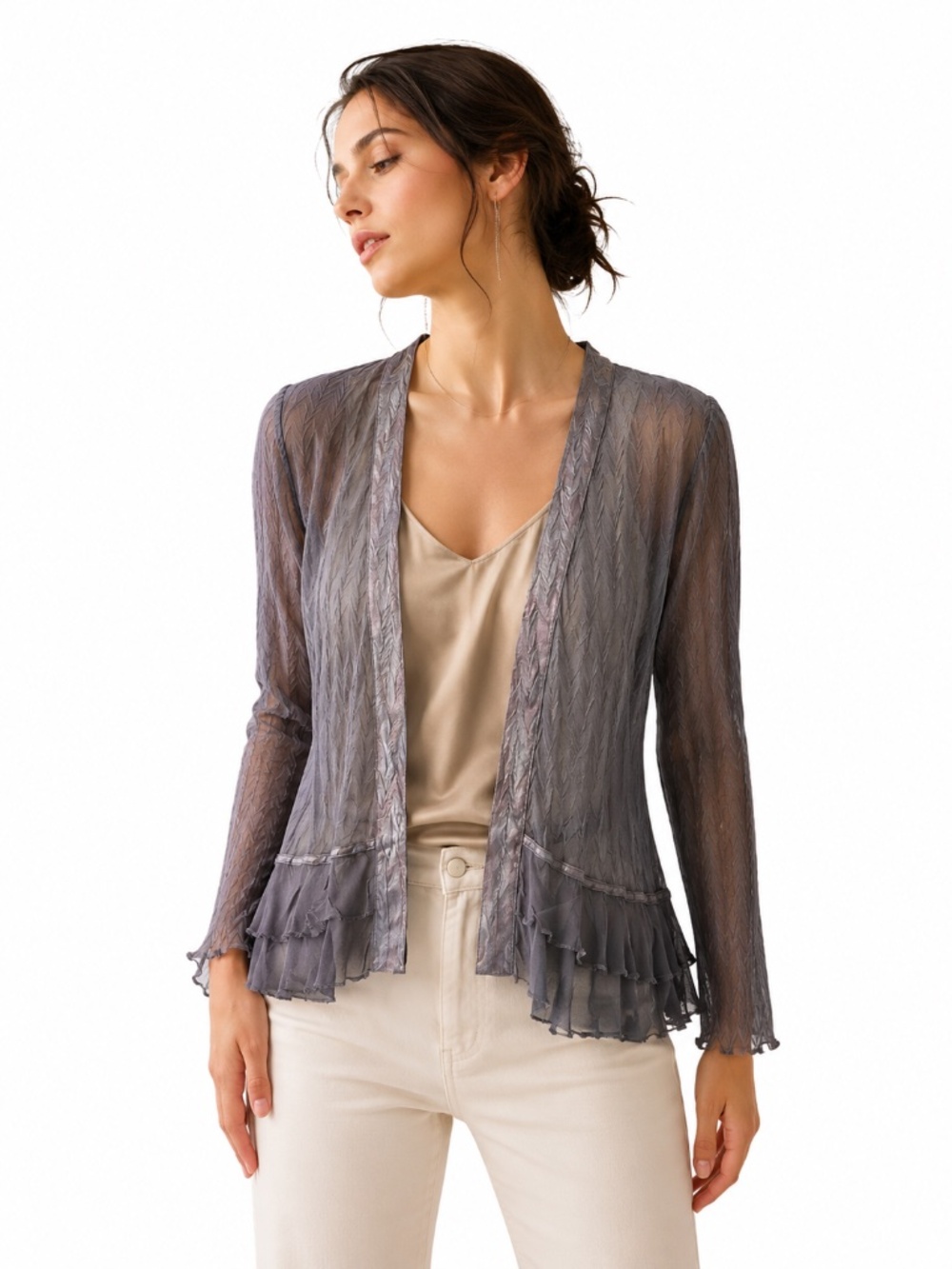 Komarov Crinkle Gray Purple Ruffled Cardigan Small Occasion Avant Garde USA Made